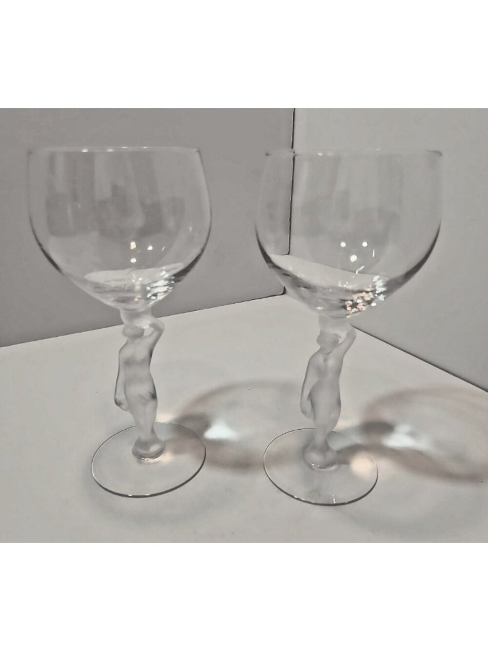 Vintage Pair of  Bayel Crystal Bacchus Wine Goblets Frosted Nude Women Stems